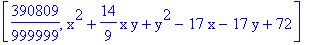 [390809/999999, x^2+14/9*x*y+y^2-17*x-17*y+72]